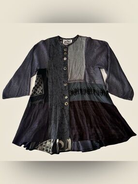 Donna Jessica Art to Wear A-Line Mixed Media Patchwork Tunic M-L Black Gray